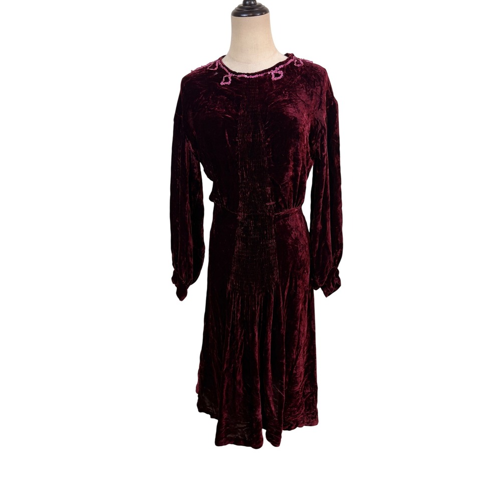 VTG 30s Velvet Dress Burgundy Bias Cut Beaded Rare Zipper Art Deco hand sewn